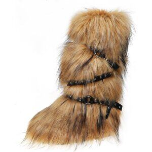 Women’s Brown Y2K Style Fur Boots Tall Fuzzy Pink Comfortable Winter Footwear